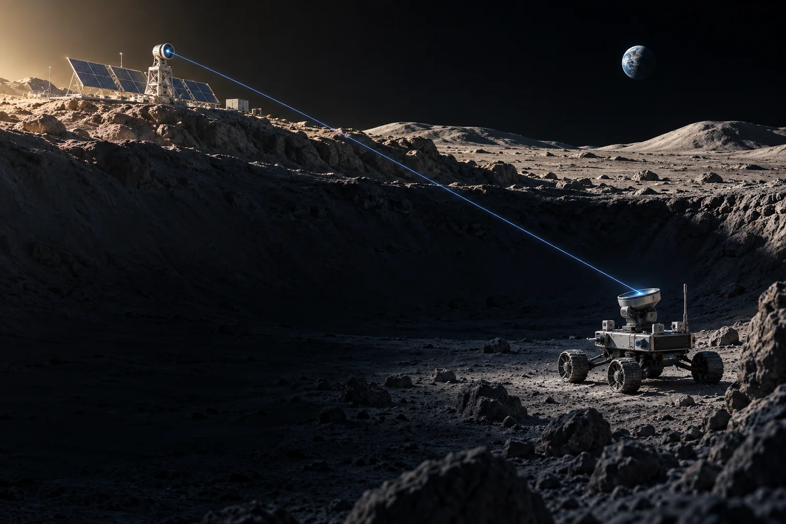 Concept of a solar-powered station on a lunar ridge directing an optical link to a rover in a crater